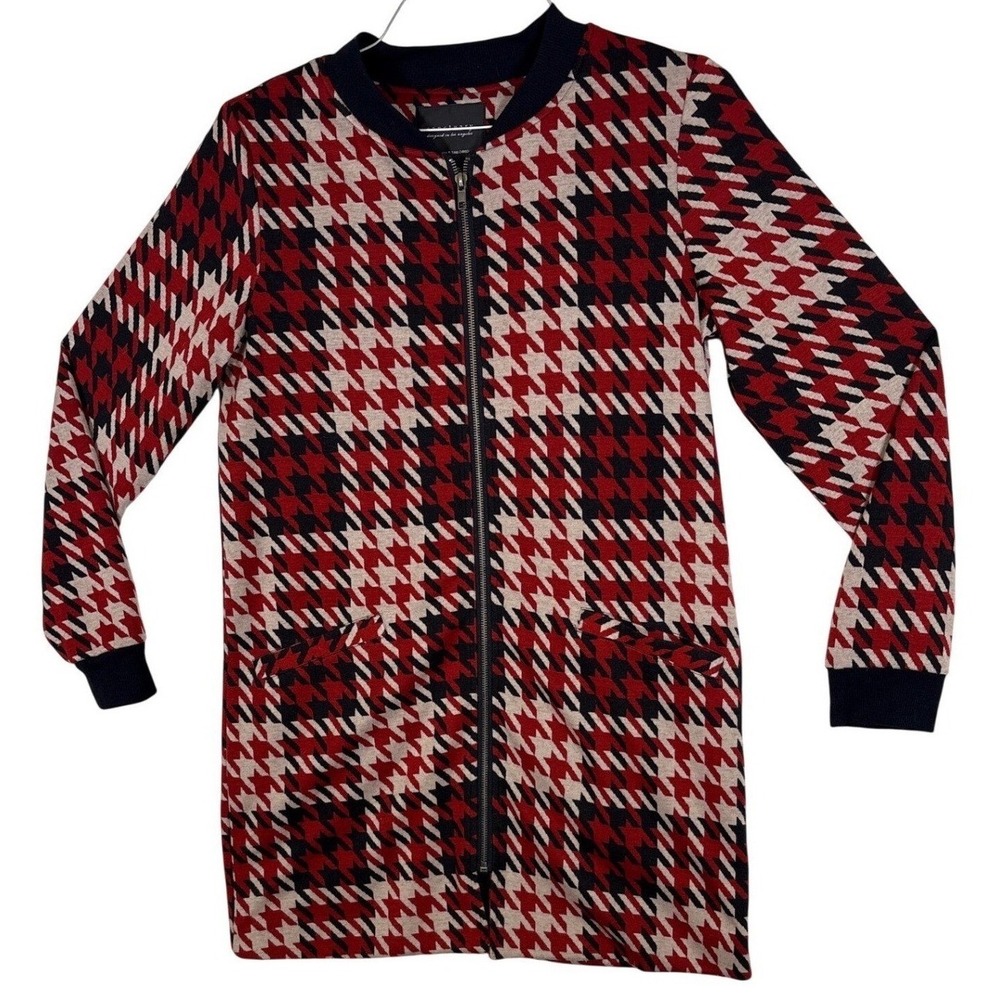 Sanctuary Red Black Houndstooth Plaid Zip Up Longline Bomber Jacket Small